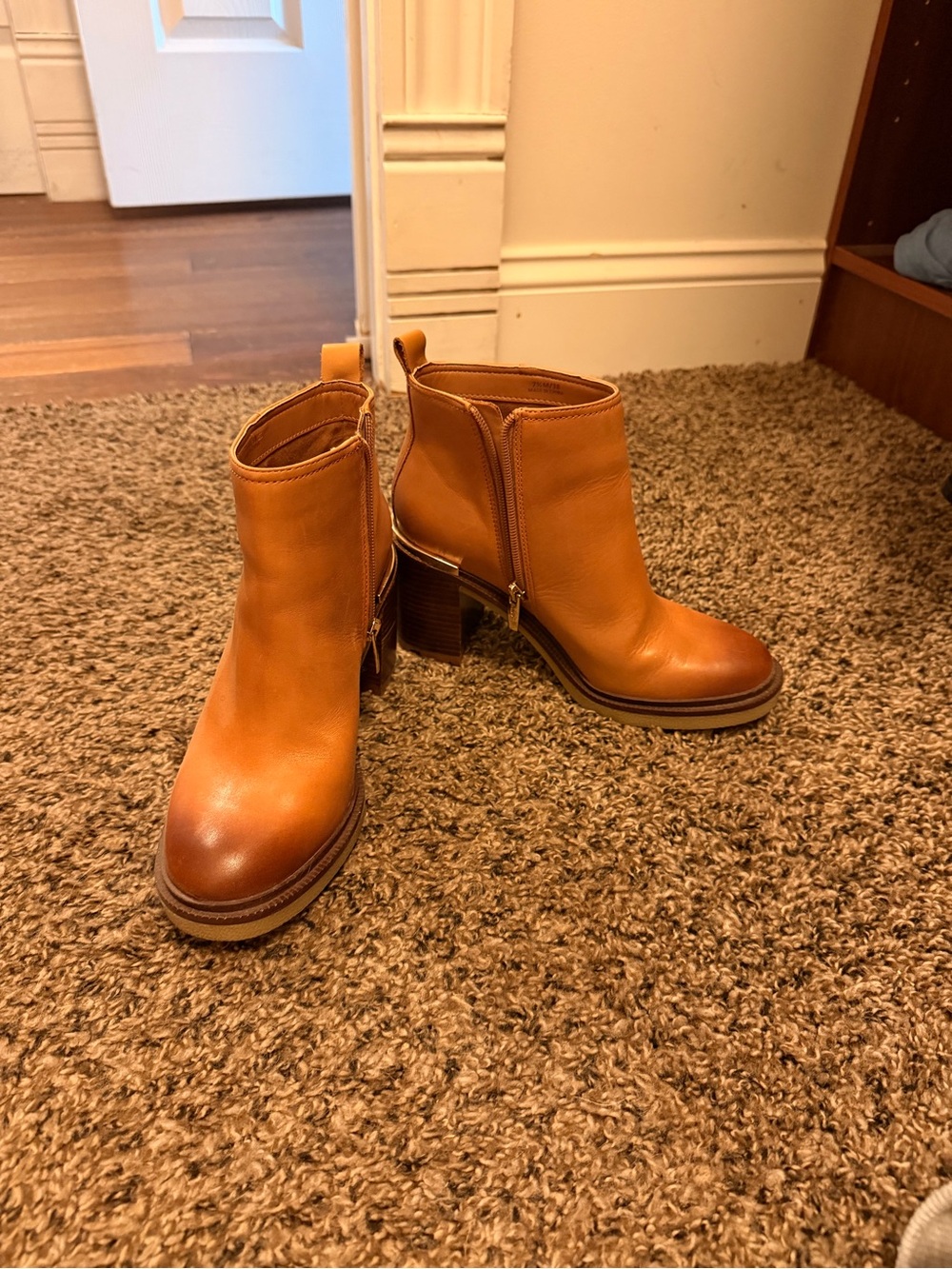 Vince Camuto Cognac Leather Block Heel Ankle Boots